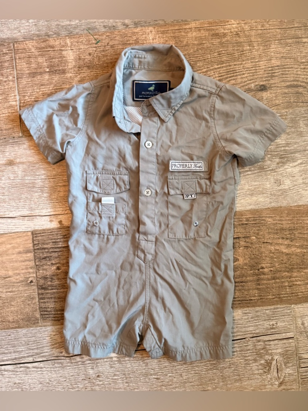 Properly tied fishing romper 3-6 mo gray